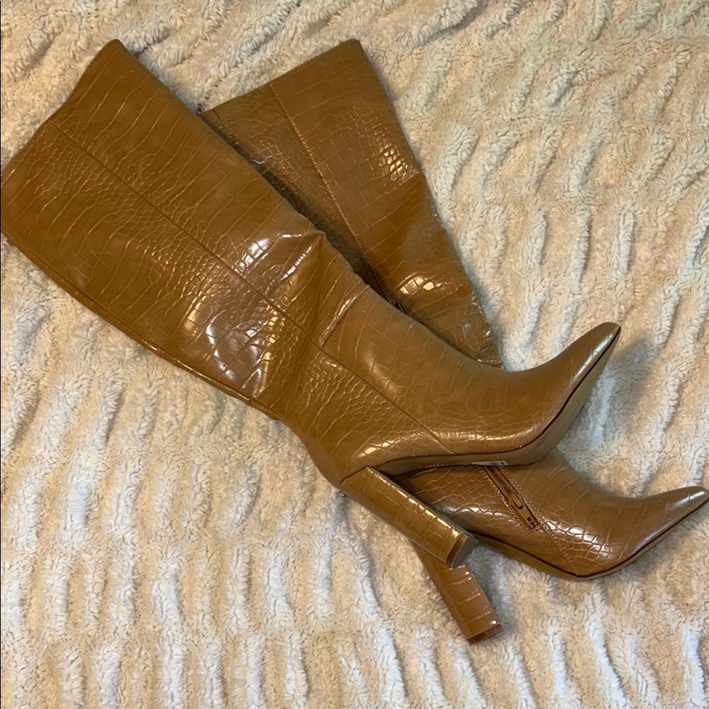 Brown Croc-Embossed Knee-High Boots